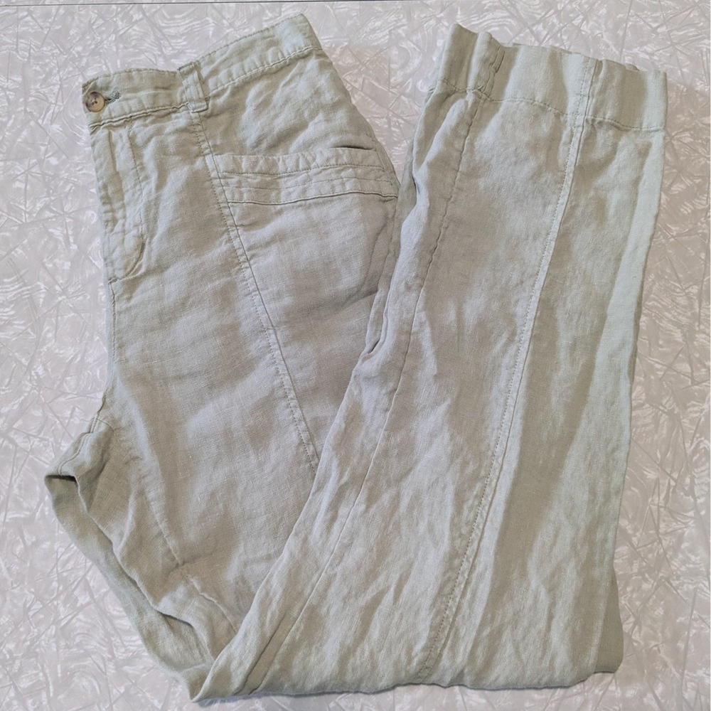 Nicole Miller New York 100% Linen Pants Sage Green Straight Leg M Quiet Luxury